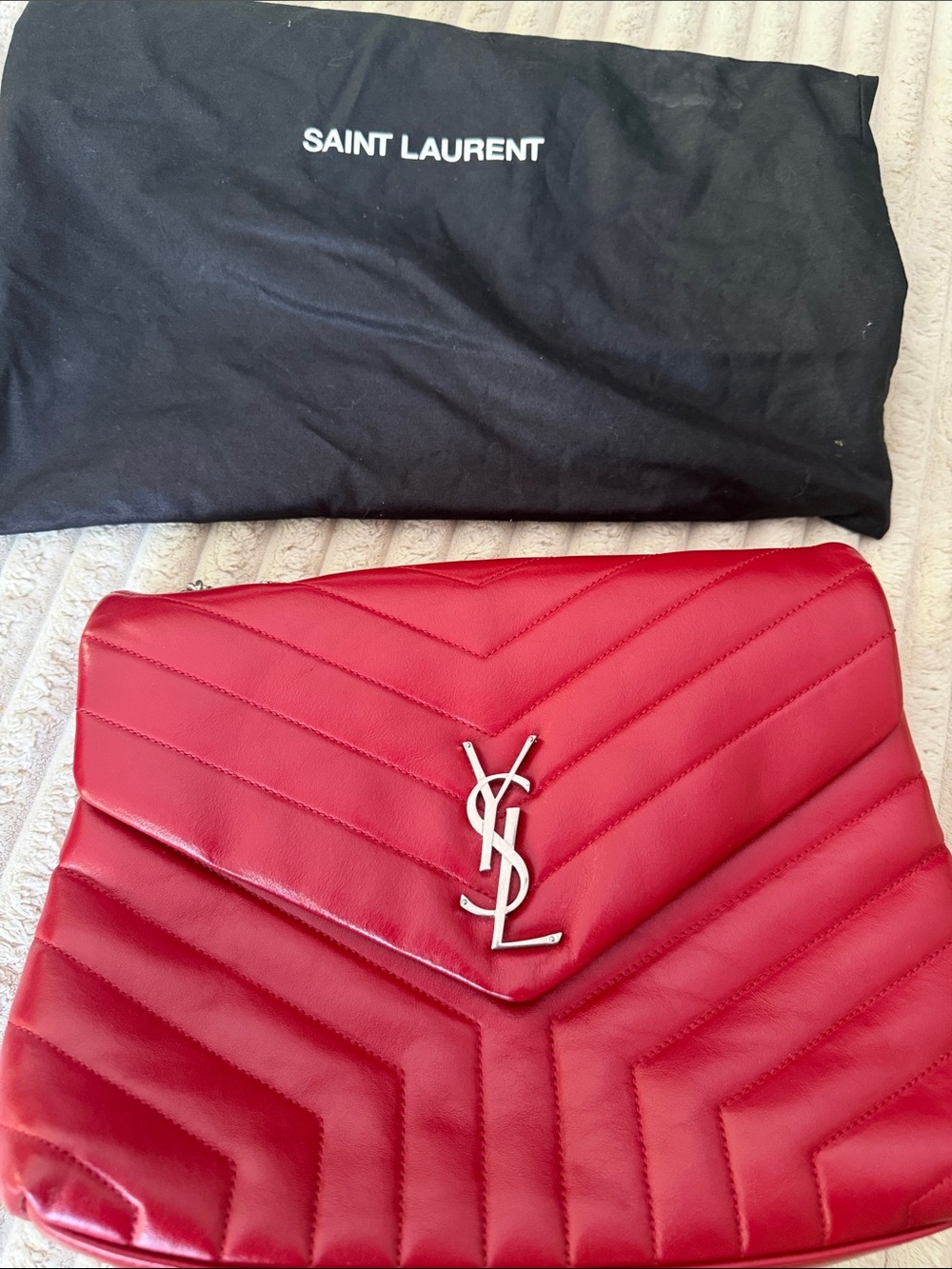Saint Laurent Red Quilted Chevron Leather Shoulder Bag with Silver YSL Logo - Picture 2 of 6